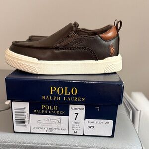 Like New!! Polo by Ralph Lauren Chocolate Brown & Tan Toddler Slip-On Sneakers